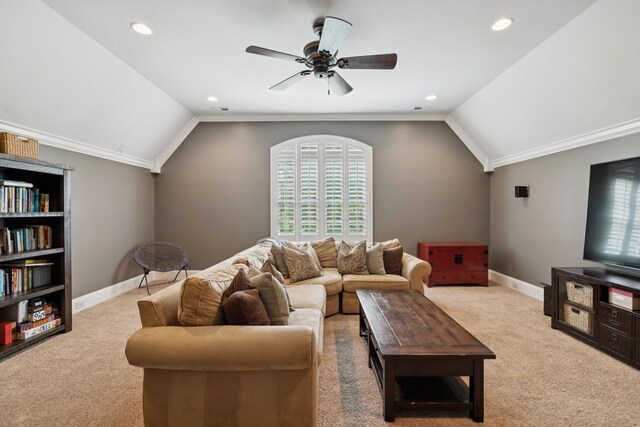 2433 Durham Manor Dr, Franklin, TN 37064 - living room featuring vaulted ceiling, carpet flooring, a ceiling fan, baseboards, and recessed lighting