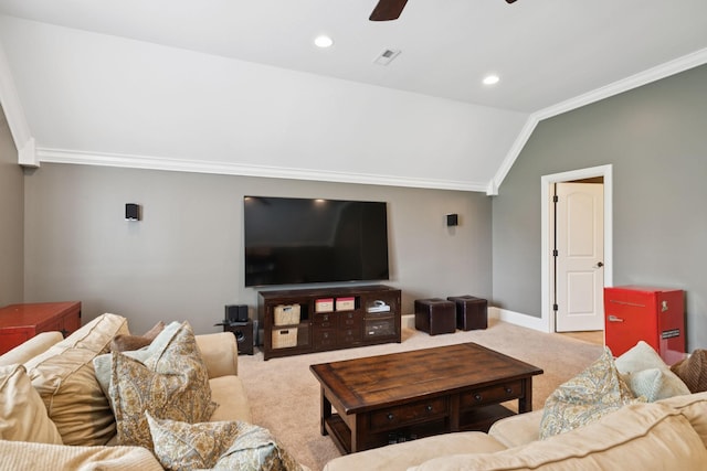 2433 Durham Manor Dr, Franklin, TN 37064 - carpeted living area with crown molding, ceiling fan, lofted ceiling, baseboards, and recessed lighting