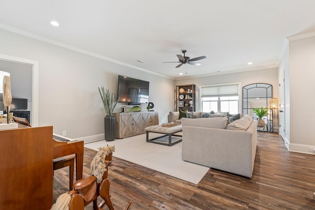 5540 Knob Rd, Nashville, TN 37209 - living room with a ceiling fan, dark wood finished floors, ornamental molding, recessed lighting, and baseboards