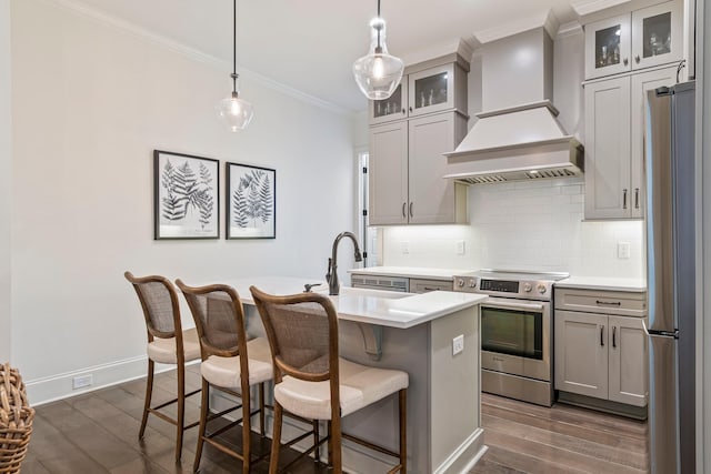 5540 Knob Rd, Nashville, TN 37209 - kitchen with appliances with stainless steel finishes, custom exhaust hood, a sink, crown molding, and dark wood-type flooring