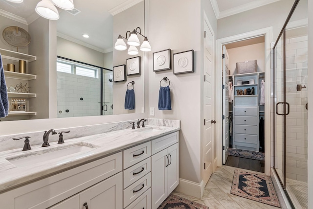 5540 Knob Rd, Nashville, TN 37209 - full bathroom featuring a shower stall, a walk in closet, double vanity, ornamental molding, and baseboards