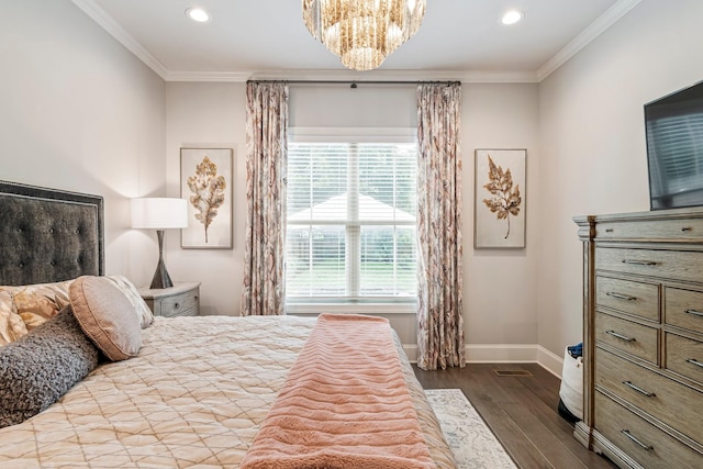 5540 Knob Rd, Nashville, TN 37209 - bedroom with baseboards, dark wood-style flooring, crown molding, recessed lighting, and a chandelier