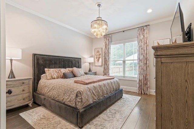 5540 Knob Rd, Nashville, TN 37209 - bedroom featuring ornamental molding, a chandelier, dark wood-style floors, baseboards, and recessed lighting