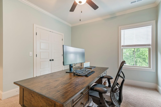 5540 Knob Rd, Nashville, TN 37209 - office featuring ceiling fan, light carpet, baseboards, and ornamental molding