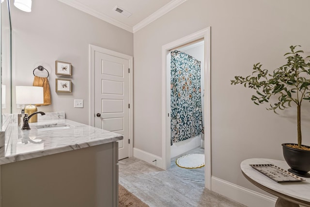 5540 Knob Rd, Nashville, TN 37209 - bathroom featuring vanity, crown molding, baseboards, curtained shower, and marble look tiles