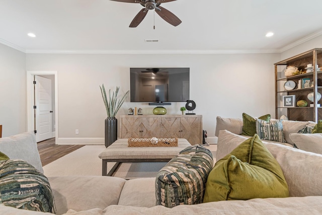 5540 Knob Rd, Nashville, TN 37209 - living room featuring baseboards, ornamental molding, wood finished floors, a ceiling fan, and recessed lighting