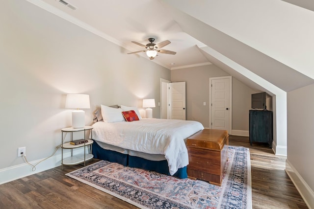 5540 Knob Rd, Nashville, TN 37209 - bedroom featuring wood finished floors, baseboards, ornamental molding, a ceiling fan, and vaulted ceiling