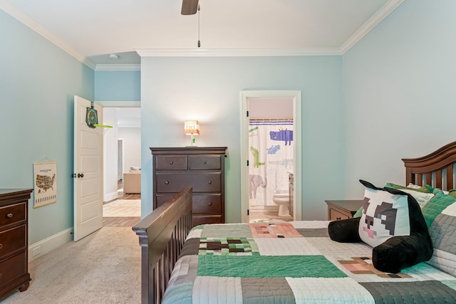 5540 Knob Rd, Nashville, TN 37209 - carpeted bedroom featuring crown molding, baseboards, ensuite bath, and a ceiling fan