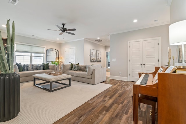 5540 Knob Rd, Nashville, TN 37209 - living room with ceiling fan, dark wood-style floors, recessed lighting, baseboards, and crown molding