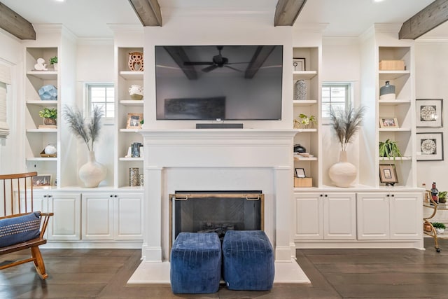 5540 Knob Rd, Nashville, TN 37209 - living room with built in features, dark wood-type flooring, beamed ceiling, ceiling fan, and ornamental molding