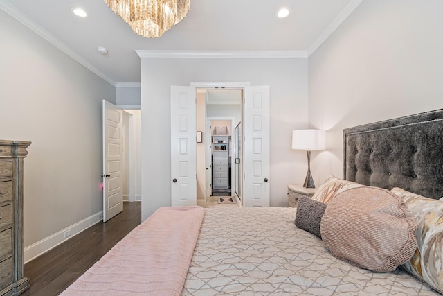 5540 Knob Rd, Nashville, TN 37209 - bedroom with ornamental molding, wood finished floors, a chandelier, baseboards, and recessed lighting