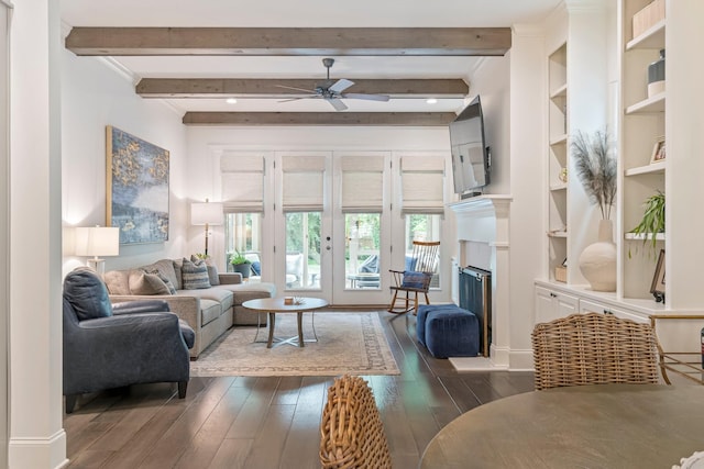 5540 Knob Rd, Nashville, TN 37209 - living area featuring ceiling fan, beamed ceiling, dark wood finished floors, french doors, and a fireplace