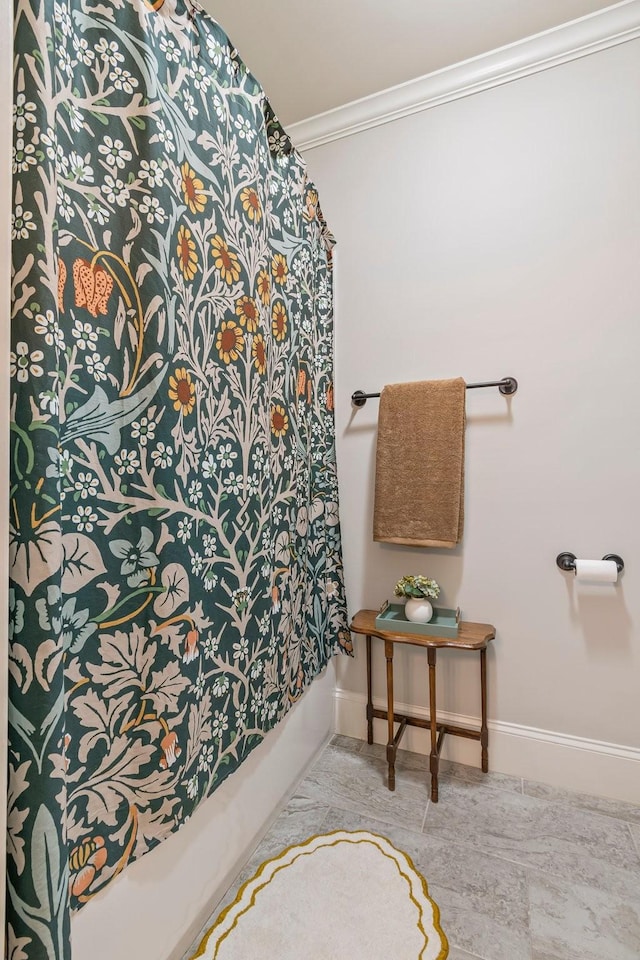 5540 Knob Rd, Nashville, TN 37209 - bathroom with ornamental molding, baseboards, and a shower with shower curtain