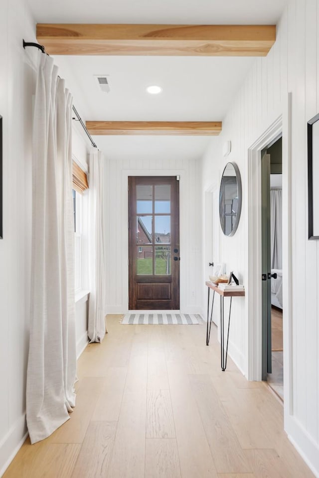 4042 Flowing Creek Dr, Franklin, TN 37064 - hallway featuring beamed ceiling, light wood finished floors, and baseboards