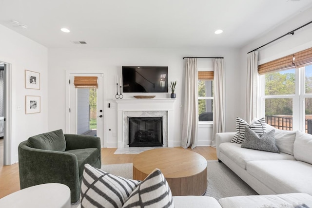 4042 Flowing Creek Dr, Franklin, TN 37064 - living area featuring healthy amount of natural light, a fireplace, light wood-style flooring, and recessed lighting