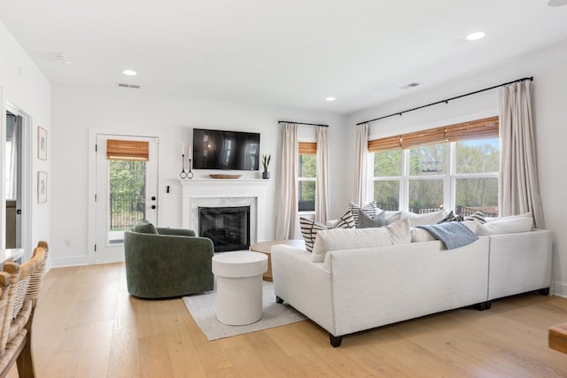 4042 Flowing Creek Dr, Franklin, TN 37064 - living area with light wood finished floors, a high end fireplace, recessed lighting, and baseboards