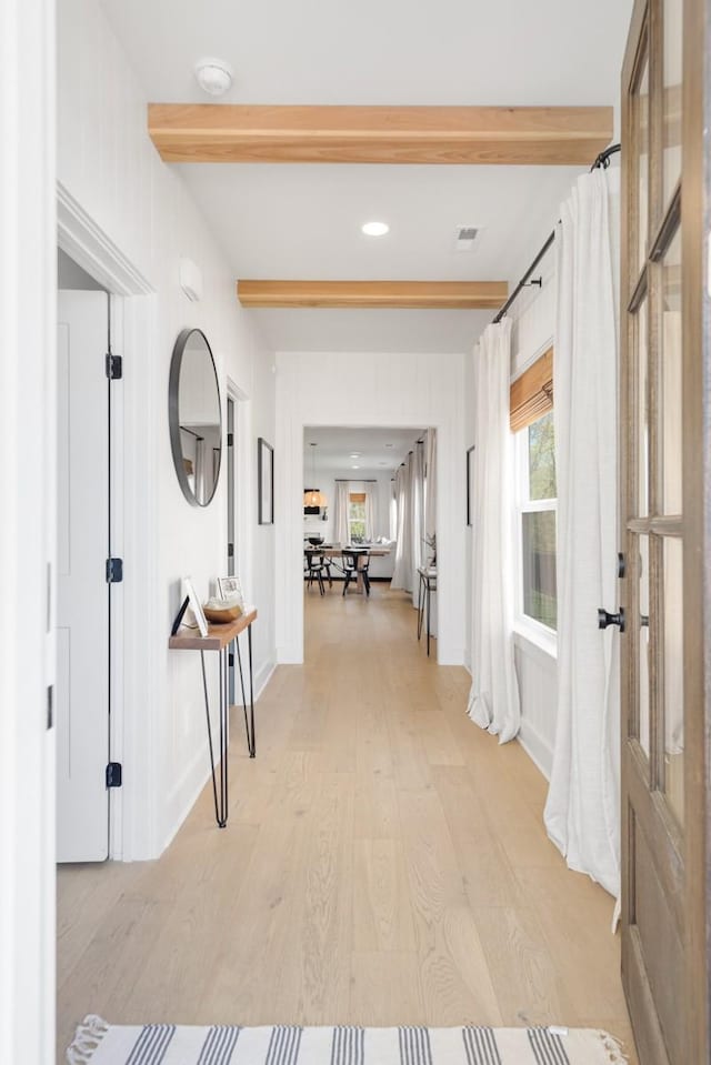 4042 Flowing Creek Dr, Franklin, TN 37064 - hallway featuring beamed ceiling and light wood-style floors