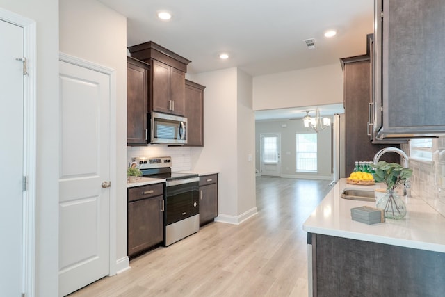 3254 Tasker Dr, Antioch, TN 37013 - kitchen featuring appliances with stainless steel finishes, dark brown cabinetry, a sink, backsplash, and light wood-type flooring