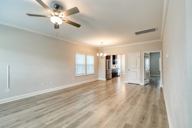 3254 Tasker Dr, Antioch, TN 37013 - unfurnished living room with a chandelier, ornamental molding, ceiling fan, light wood-type flooring, and baseboards