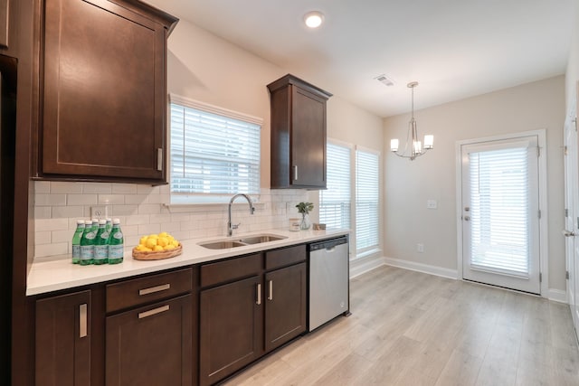 3254 Tasker Dr, Antioch, TN 37013 - kitchen featuring dishwasher, a sink, dark brown cabinets, backsplash, and light wood finished floors