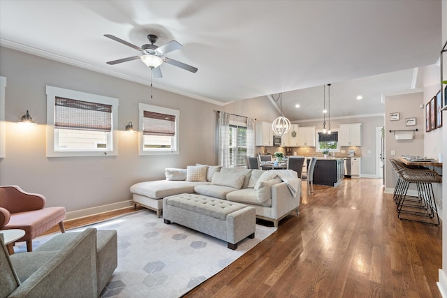 441 Highpoint Ter, Brentwood, TN 37027 - living room with ornamental molding, wood finished floors, a ceiling fan, baseboards, and recessed lighting