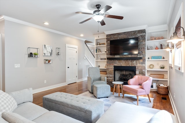 441 Highpoint Ter, Brentwood, TN 37027 - living area featuring ornamental molding, stairway, a ceiling fan, baseboards, and wood finished floors