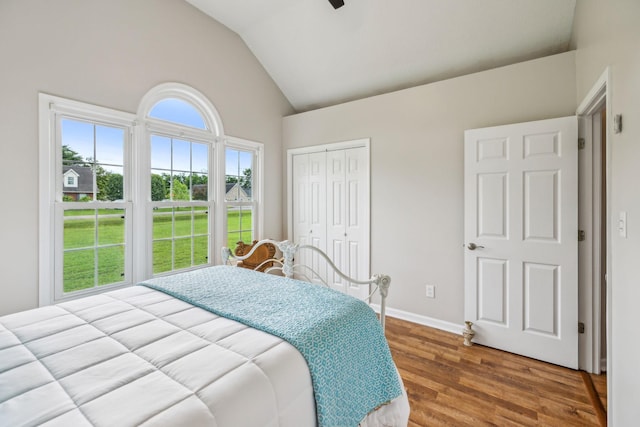 124 Mabry Dr, Murfreesboro, TN 37127 - bedroom featuring wood finished floors, high vaulted ceiling, a closet, ceiling fan, and baseboards