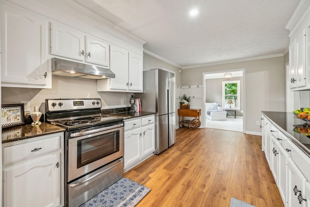 124 Mabry Dr, Murfreesboro, TN 37127 - kitchen featuring under cabinet range hood, appliances with stainless steel finishes, white cabinets, light wood-style flooring, and ornamental molding