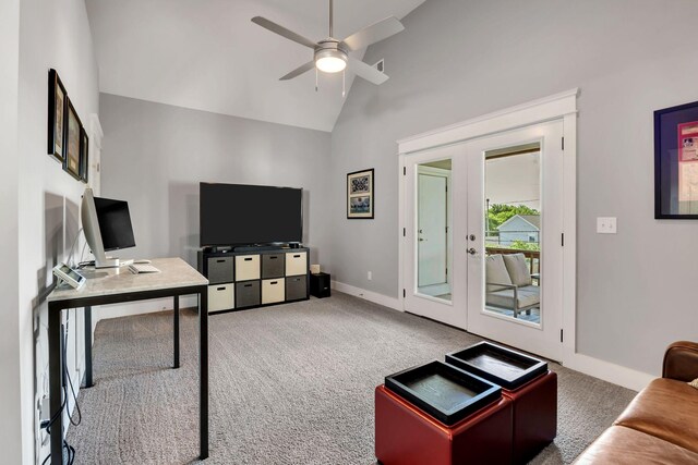 5407 Tennessee Ave, Nashville, TN 37209 - carpeted living area featuring french doors, ceiling fan, high vaulted ceiling, baseboards, and a desk
