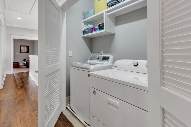 5407 Tennessee Ave, Nashville, TN 37209 - washroom with washer and dryer, dark wood finished floors, and recessed lighting