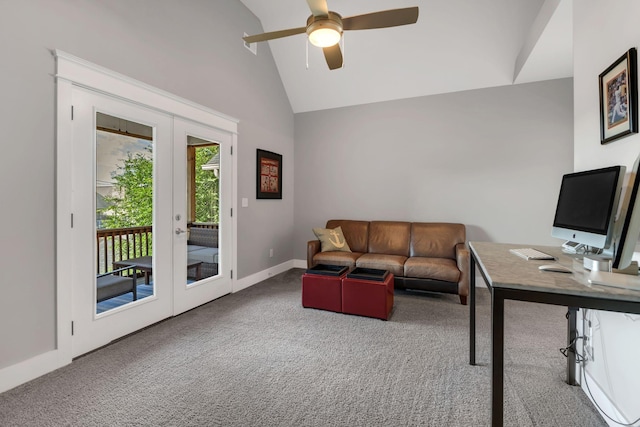 5407 Tennessee Ave, Nashville, TN 37209 - living area featuring french doors, carpet floors, a ceiling fan, high vaulted ceiling, and baseboards