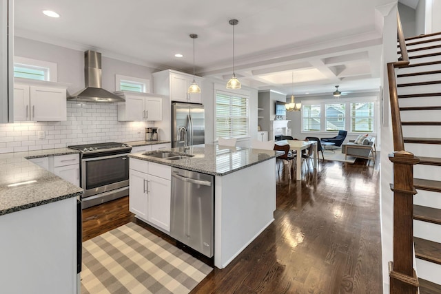 5407 Tennessee Ave, Nashville, TN 37209 - kitchen with appliances with stainless steel finishes, a sink, wall chimney exhaust hood, dark wood-style flooring, and white cabinets