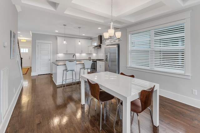 5407 Tennessee Ave, Nashville, TN 37209 - dining space with coffered ceiling, baseboards, dark wood-style flooring, recessed lighting, and a chandelier