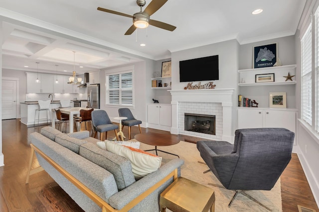 5407 Tennessee Ave, Nashville, TN 37209 - living room with a ceiling fan, a fireplace, dark wood-style flooring, recessed lighting, and coffered ceiling