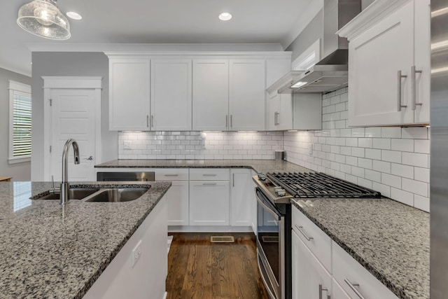 5407 Tennessee Ave, Nashville, TN 37209 - kitchen with gas range, a sink, white cabinets, recessed lighting, and ornamental molding
