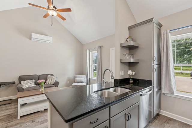 114 Eno Rd, Dickson, TN 37055 - kitchen with dishwasher, an AC wall unit, open shelves, lofted ceiling, and gray cabinets