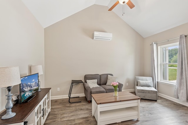 114 Eno Rd, Dickson, TN 37055 - living room featuring a wall mounted AC, a ceiling fan, wood finished floors, and high vaulted ceiling