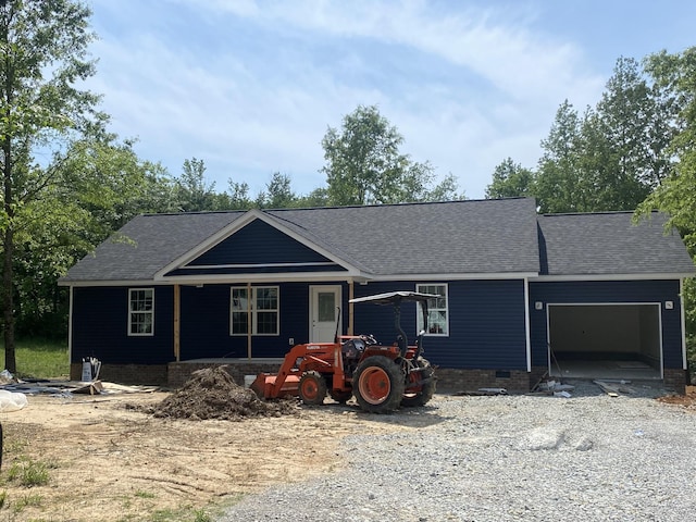 99 Lighthouse Dr, Summertown, TN 38483 - ranch-style house featuring a garage, covered porch, roof with shingles, crawl space, and driveway
