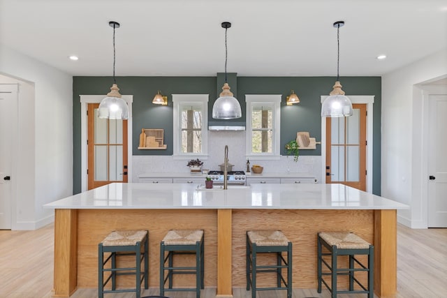 1222 Rock Church Rd, Dickson, TN 37055 - kitchen featuring tasteful backsplash, light wood-type flooring, range hood, a large island, and light countertops