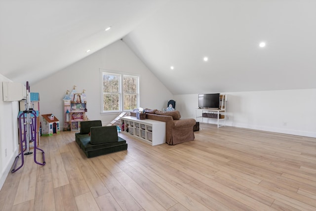 1222 Rock Church Rd, Dickson, TN 37055 - living room featuring light wood-style floors, vaulted ceiling, and recessed lighting