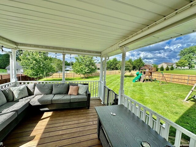 593 Imperial Dr, Sparta, TN 38583 - wooden deck with an outdoor hangout area and a playground