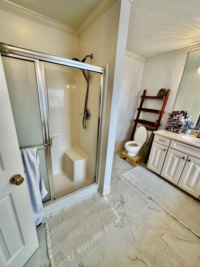 593 Imperial Dr, Sparta, TN 38583 - bathroom featuring ornamental molding, vanity, a stall shower, marble look tiles, and toilet