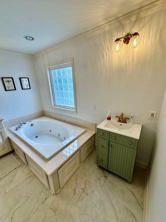 593 Imperial Dr, Sparta, TN 38583 - bathroom with marble finish flooring, a jetted tub, vanity, and crown molding