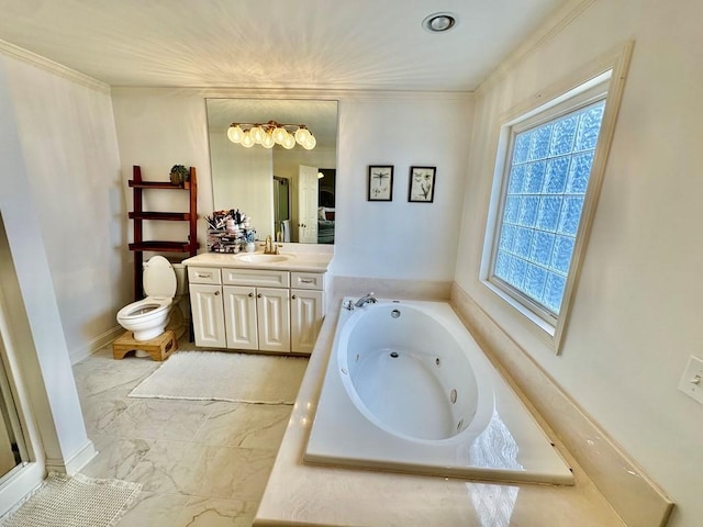 593 Imperial Dr, Sparta, TN 38583 - bathroom with vanity, a whirlpool tub, marble look tiles, crown molding, and toilet