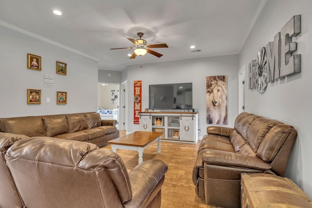 1034 Salem Rd, Lebanon, TN 37090 - living area with a ceiling fan, light wood finished floors, ornamental molding, and recessed lighting