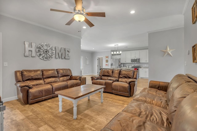 1034 Salem Rd, Lebanon, TN 37090 - living room with recessed lighting, ornamental molding, a ceiling fan, a chandelier, and baseboards