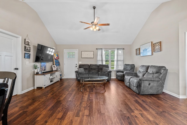 1310 Ray Broyles Rd, Sparta, TN 38583 - living room with a ceiling fan, wood finished floors, high vaulted ceiling, and baseboards