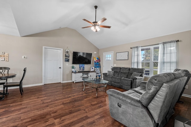 1310 Ray Broyles Rd, Sparta, TN 38583 - living area featuring ceiling fan, dark wood-style floors, baseboards, and high vaulted ceiling