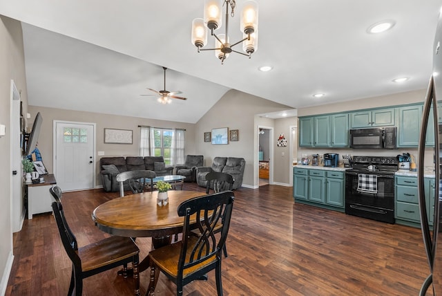 1310 Ray Broyles Rd, Sparta, TN 38583 - dining space with a ceiling fan, vaulted ceiling, dark wood-type flooring, baseboards, and recessed lighting