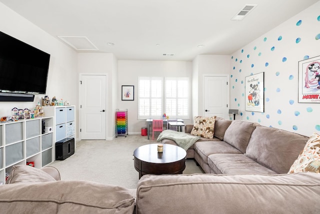 6050 Huntmere Ave, Franklin, TN 37064 - living area featuring light colored carpet, baseboards, and attic access